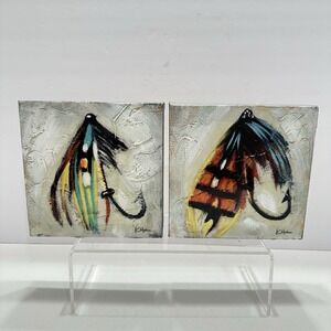 Set Of 2‎ Fly Fishing Art Canvas 6"x6" Paintings Signed Kellie Montana Rustic